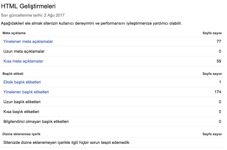 search console html geliştirmeleri