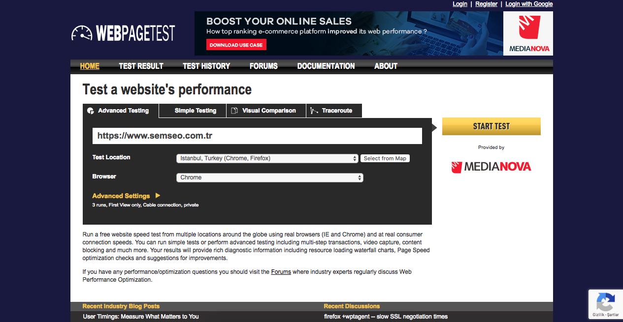 WebPageTest Site Hızı Test Sayfası