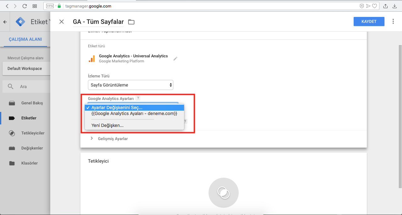 Google Tag Manager ile Googla Analytics Kurulumu - GA Etiketi için değişken belirleme